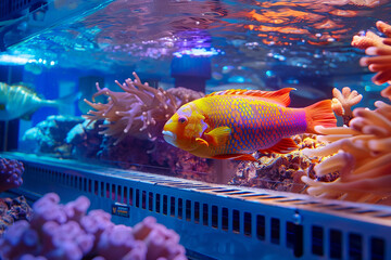 A colorful fish swimming in a tank with other fish and coral