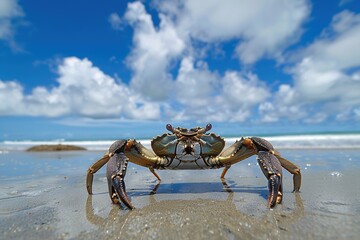 Poster - Crab on the beach with blue sky and white clouds in background