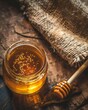 A jar of honey is sitting on a wooden table next to a honeycomb