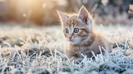 Poster - Small kitten rests in frosty grass