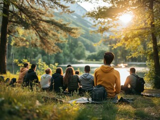 Wall Mural - A group of people are sitting on the grass by a lake, enjoying the beautiful view and each other's company