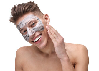 Sticker - Handsome man with clay mask on his face against white background