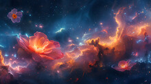 Stellar Blossoms: Watercolor Scene Of Glowing Flowers Amongst Expansive Nebula
