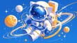 © Photo And Art Panda - Cute cat in astronaut suit floating in space, surrounded by orange and white planets.