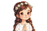 Fototapeta  - cartoon illustration portrait of beautiful little girl with long hair and wreath celebrating communion on transparent background