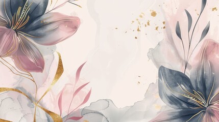 Wall Mural - Modern background for banners, posters, web and packaging with golden line art flower, botanical leaves, organic shapes and watercolors.