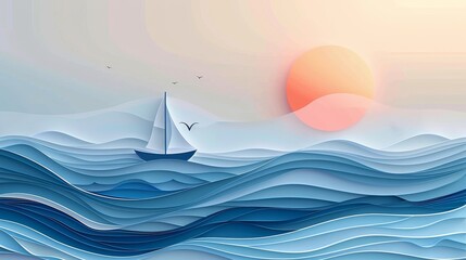 Poster - This abstract line art sea wall art template depicts birds, sunsets, clouds, sky and boats in a minimal style. It is ideal for summer decoration, interior, wallpaper, or wall art.