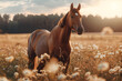 © Margarita Ratatosk - Beautiful brown horse standing in high grass in sunset light. Red horse with long mane in flower field, arabian horse grazing on pasture