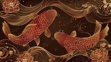 An Ocean And Wave Wall Art With A Luxurious Gold Oriental Style Background. Chinese And Japanese Oriental Line Art With Golden Textures. Wallpaper Design With Flowers And Fish. Modern Illustration.