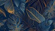 Modern background with blue tropical leaves, tree, leaves branching out in a hand drawn pattern. Elegant botanical jungle for banners, prints, decorations, and fabrics.