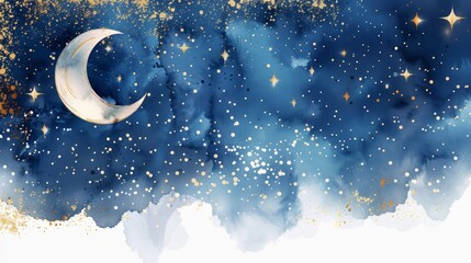 Wall Mural - Detailed wedding invitation modern template collection featuring stars, moon, watercolors, gold sparkles, brush texture, and starry night design.