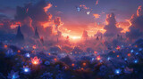Fototapeta  - Mists of Elysium: Watercolor Dreamscape of Dawn-Lit Isles and Luminescent Blooms