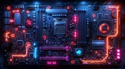 Leinwandbilder - Computer repair services. Upgrade or repair of gaming computers. Modern power PCs in dark with neon lights on CPU, coolers, RAM boards. Configuration or repair of desktop gaming computers.