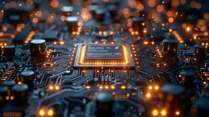 Leinwandbilder - An abstract digital chip computer processor and electronic components on a motherboard or circuit board. Technology for developing electronic devices on microchips or microprocessors, mechanical