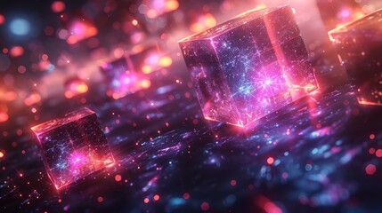 Leinwandbilder - Abstract futuristic technological backdrop with 3D objects in space on white background. Glow in the dark neon shapes float in space.