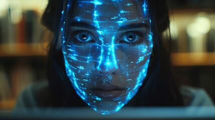 Aufkleber - Cyber security technology. Internet online chat bot face looks outside laptop screen. Artificial intelligence robot head. AI protects your laptop from hacker attacks.