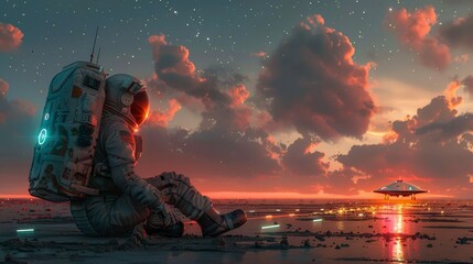 Aufkleber - In a futuristic space ship, an astronaut looks at the stars. Sci-fi illustration of an astronaut in a futuristic spacesuit, on the runway of a space station, a flying saucer lands.