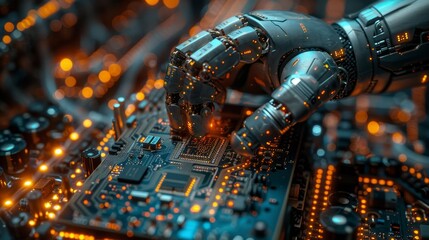 Poster - Robot manipulator places electronic component on electronic circuit board on production assembly line. AI Automated robotics factory of electronic industry holds chip above PCB.