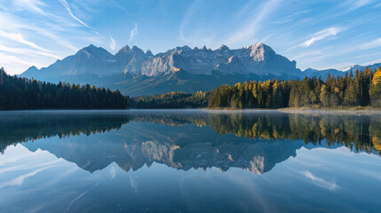 Wall Mural - Majestic mountain peaks are reflected in the calm lake, surrounded by dense forests and the blue sky in a peaceful autumn at dawn