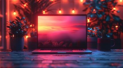 Poster - Gaming laptop on desk against the background of furniture in room. Modern open laptop front view. Mockup of a laptop with blank screen in a blurry dark room with neon lights.