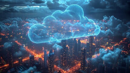 Aufkleber - Smart city on a screen smart phone. Modern futuristic skyscrapers communicating via the cloud. Digital cloud hanging over the smart city on a touchscreen smartphone. Cloud computing. Internet of