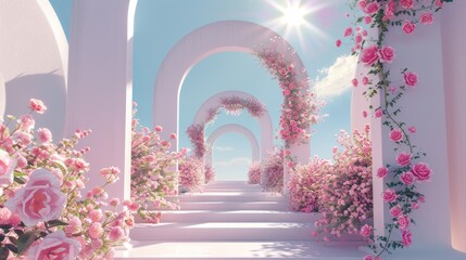 Canvas Print - An ethereal romantic scene with geometrical forms, a rose flower garden with an archway. In natural day light, a minimal 3D landscape background is used as the background.