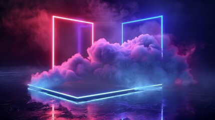 Poster - Empty futuristic stage with glowing neon rhombus shape and cloud in a reflective dark room. 3D rendered image.