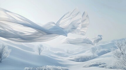 Aufkleber - An abstract winter scene with fabric cloth flying. 3D rendering.