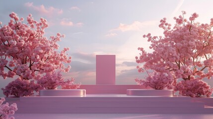 Poster - An elegant podium backdrop in natural beauty with sakura cherry blossom landscape. 3D rendering...