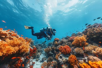 Poster - A scuba diver is submerged in water, surrounded by a stunning, colorful coral reef with various tropical fish swimming around