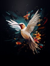 Hummingbird Impasto Oil Painting, Floral Illustration On Black Background. Illustration For Poster, Print, Wed Design, Banner. Water Drops. Summer Design.
