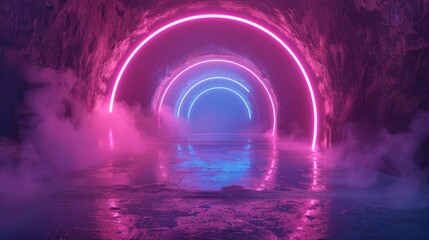 Leinwandbilder - 3D rendering, abstract futuristic pink blue neon background, cosmic wallpaper, round arch glowing under ultraviolet light