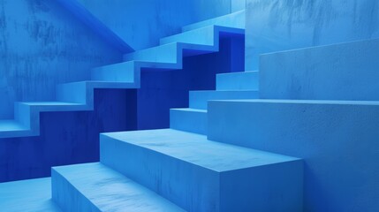 Poster - An abstract composition of blue steps on a blue background. An abstract illustration of geometric 3d steps on a blue background in the summer.