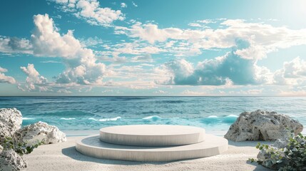 Poster - Beach scene with podium for product display. 3D rendering.
