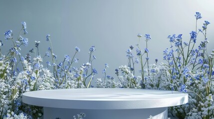 Poster - Spring blue flowers landscape scene on a natural beauty podium backdrop. 3D rendering.