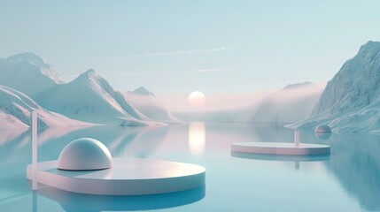 Aufkleber - This winter scene is abstract and geometrical. There is a podium on top of a lake, and a minimal 3D background is shown.