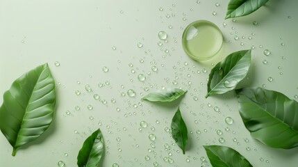 Poster - A natural beauty podium backdrop with water drops and green leaves, modeled in 3D. View from the top of the podium.