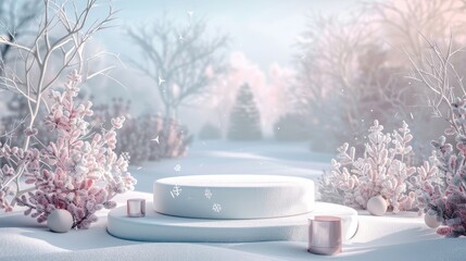 Aufkleber - A natural beauty podium backdrop with a winter scene background for displaying cosmetic products.
