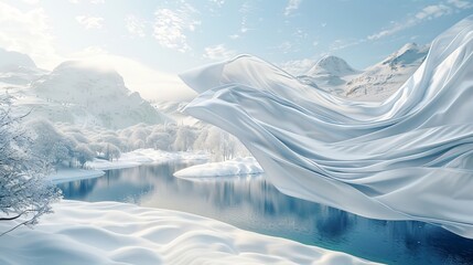 Poster - 3D rendering with a seamless flying crystal cloth over a winter landscape.