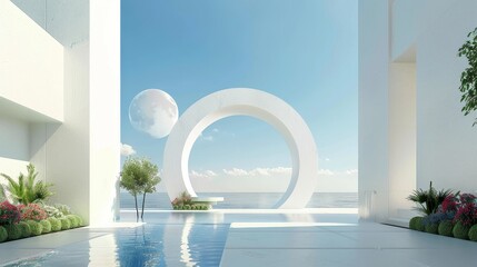 Leinwandbilder - Scene with geometrical forms in 3D, an arch with a poidum in a garden, and a view of water in the background.