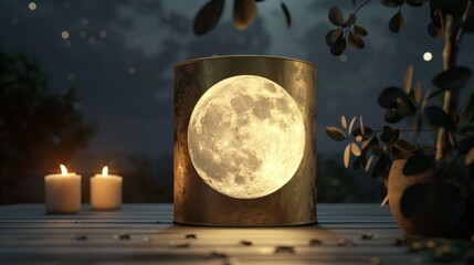 Fototapete - 3d render of abstract cylinder box with full moon background. Mid autumn festival background.