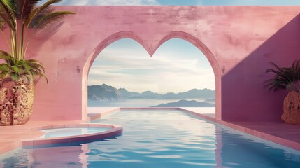 Aufkleber - A romantic scene with geometrical heart shapes, a swimming pool in natural daylight and a minimal 3D landscape background.