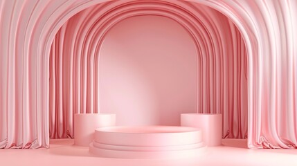 Aufkleber - A 3D pink podium backdrop for product display in the beauty and fashion industries.