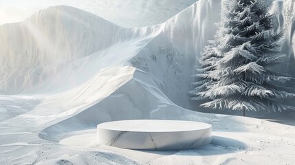 Poster - Three-dimensional rendering of an abstract winter landscape scene with a podium for displaying products.