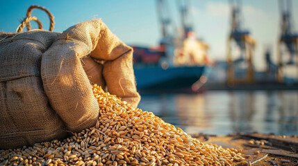 Wall Mural - Photo of sack of grain standing on the shore of port. Close-up photo. Ship is visible on the background. Concept of food delivery by sea