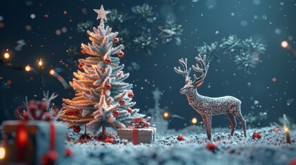 Wall Mural - Background with Christmas tree, deer, gift box and gift box for Christmas and New Year. 3D rendering.