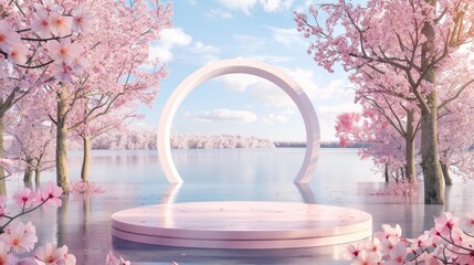 Poster - 3D rendering of a natural beauty podium backdrop with sakura cherry blossom views in spring.