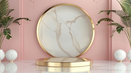 Wall Mural - Beauty fashion luxury podium backdrop. Gold, marble, pink. 3D render.