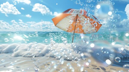 Poster - This is a 3D rendering of a summer beach scene with bubbles and beach umbrella.