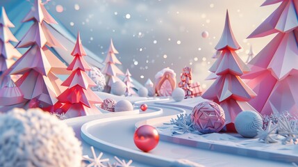 Aufkleber - This is an abstract winter Christmas scene with geometric forms. The background is surreal. This is a 3D rendering.